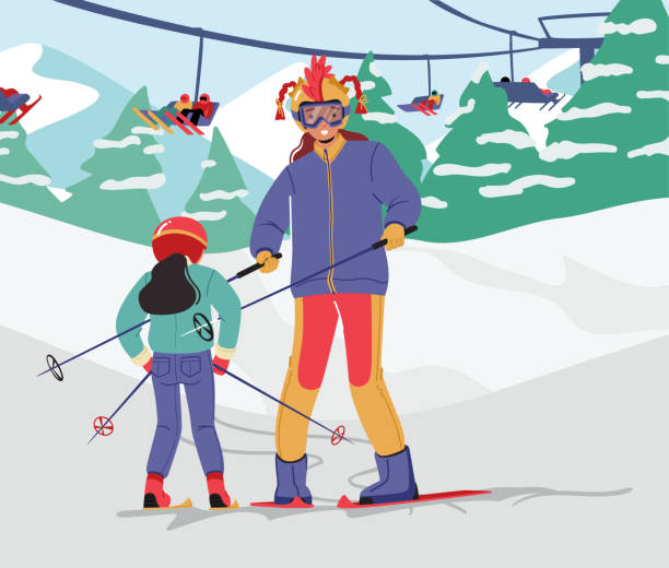 Little Girl and Mother or Tutor Skiing at Winter Resort. Child Learning to Stand on Skis. Outdoors Sports, Leisure Little Girl and Mother or Tutor Skiing at Winter Resort. Child Wearing Warm Sportive Costume and Goggles Learning to Stand on Skis. Outdoors Sports, Leisure, Spare Time. Cartoon Vector Illustration kids snow suits stock illustrations
