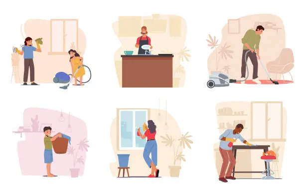 Vector illustration of Set Family Housework Chores. Parents and Kids Characters Cleaning Home Washing Dishes, Window and Clothes, Sweep and Mop