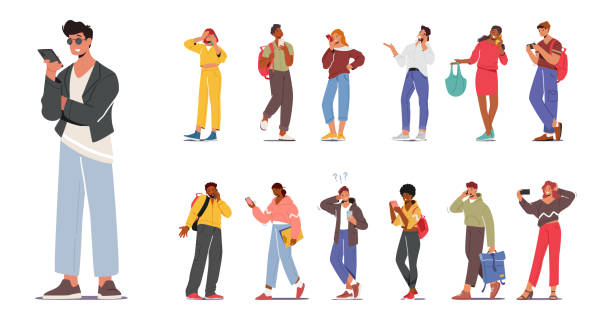 ilustrações de stock, clip art, desenhos animados e ícones de set of young characters with phones, teens smartphone communication concept. youth men and women holding mobiles - all people audio