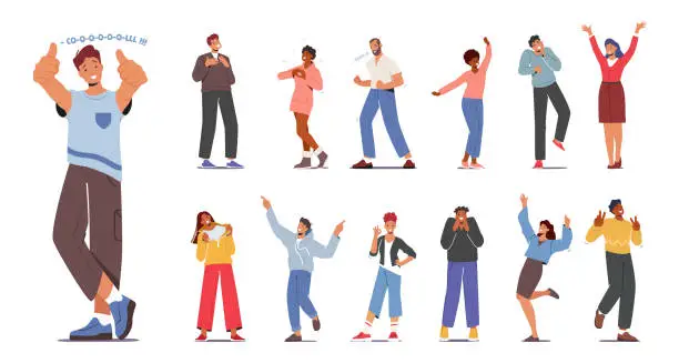 Vector illustration of Set of People Feeling Positive Emotions, Giving Highfive, Show Ok Gesture, Jumping with Raised Arms and Showing Thumb Up
