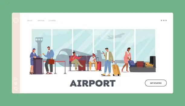 Vector illustration of People in Airport Landing Page Template. Characters Scan Luggage, Pass Registration and Waiting in Terminal