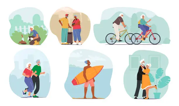 Vector illustration of Set Active Senior People. Aged Male And Female Characters Gardening, Travel, Riding Bicycles, Jogging And Dance