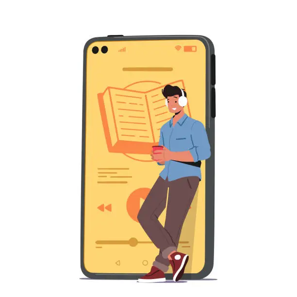 Vector illustration of Young Man Stand At Huge Smartphone Listen Book With Headphones Online. Concept Of Electronic Library, Reading E-book