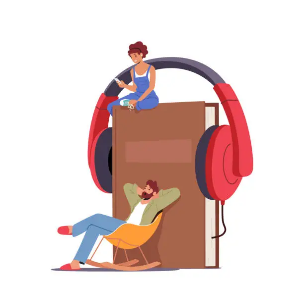 Vector illustration of Relaxed Man And Woman Sitting Huge Book With Headphones Listening Online Stories. Online Library, E-book