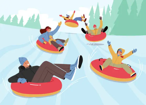 Vector illustration of People Sliding Down Slope by Snow Tube at Winter Holiday. Men and Women Riding Downhill On Inflatable Donut
