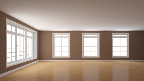 istock Empty Interior with Brown Plastered Walls, a Large Window on the Left 1439627616