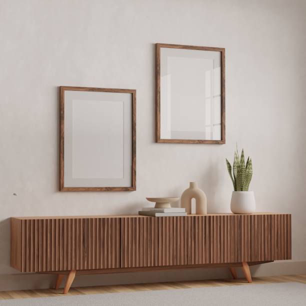 istock Vertical wood frame mockup in living room interior with light reflection. 3d rendering, 3d illustration 1439629709