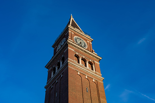Seattle, WA USA - September 24, 2022: An Old Clock Tower at King Street Train Station.