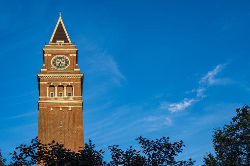 Seattle, WA USA - September 24, 2022: An Old Clock Tower at King Street Train Station.