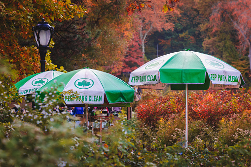 Green and white food umbrellas in Central Park