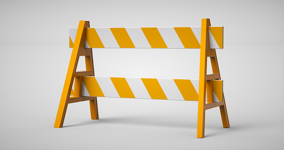 3D rendering of road barrier, under construction symbol.