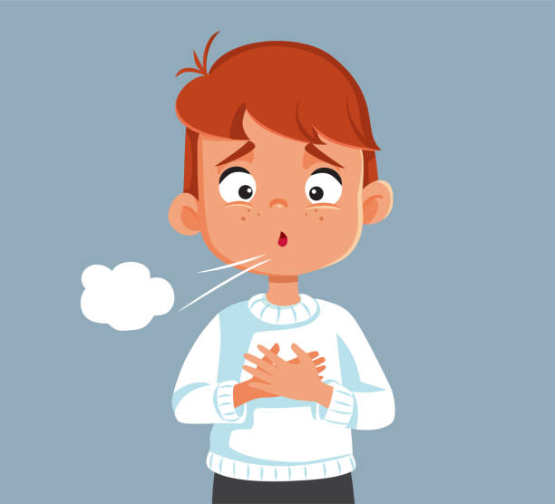 ilustraciones, imágenes clip art, dibujos animados e iconos de stock de niño pequeño con problemas respiratorios difíciles ilustración del vector de tos - exhalar