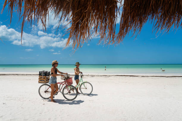 ビーチでのサイクリング、ホルボックス島 - yucatan travel tropical climate mexico ストックフォトと画像