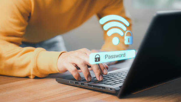 Man using a computer laptop to connect to wifi and waiting to loading digital business data form website, concept technology of waiting for connect to wifi.