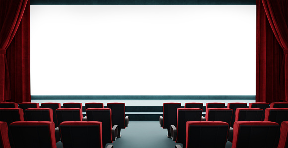 Background image with film reels, clapboard and spot lights. Concept 3D rendering illustrating cinema.