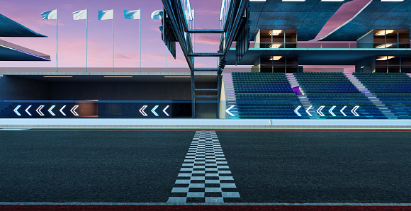 A close up wide angle image of a generic red, white and black racing car moving at high speed on the outer edge of the track just coming out of a corner. The car is racing at a generic location, with empty stands in the distance, at sunset or dawn.