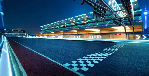 Racetrack with start line and arrow neon light decoration. Defocus. 3d rendering