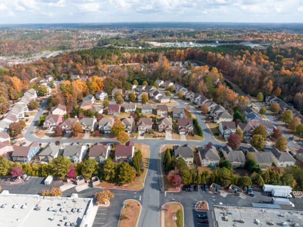 Aerial view Atlanta suburbs next to highway 400 during the Fall in the Golden hour stock photo