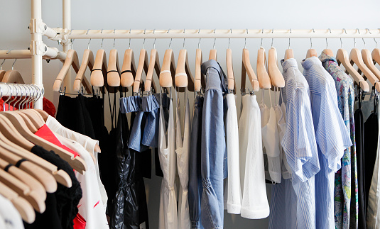 Shirts and dresses hang on racks at a brightly lit retail store.