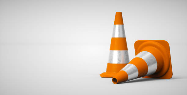 istock 3D orange traffic cones icon on white background. Accident prevention concept. 3D rendering. 1439653686