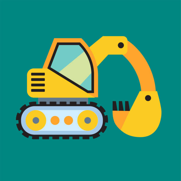 ilustrações, clipart, desenhos animados e ícones de ilustração de escavadeira, equipamento de construção pesado em estilo desenho animado. ícone vetorial, logotipo, escavação e construção - earth mover bulldozer construction scoop