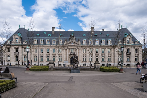 Luxembourg – April 2022 – Architectural detail of the Martyrs Square (Place des Martyrs) a garden square in Luxembourg City in the quarter of Gare. It is colloquially known as the Rose.