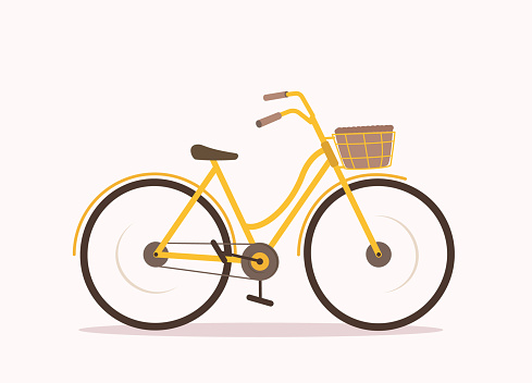 Side View Of A Yellow Vintage Bicycle Or Ladies Bike With Basket. Isolated On Color Background.