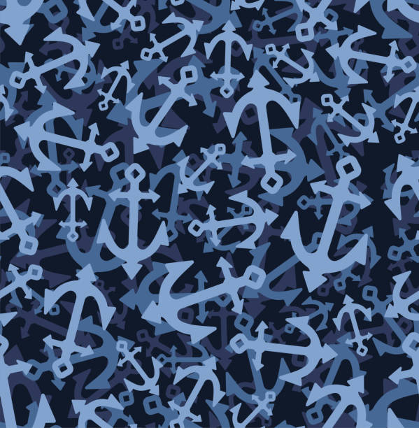 Anchor ship blue camouflage Winter pattern seamless. Army blue background. Protective soldier and hunting winter-time texture vector art illustration