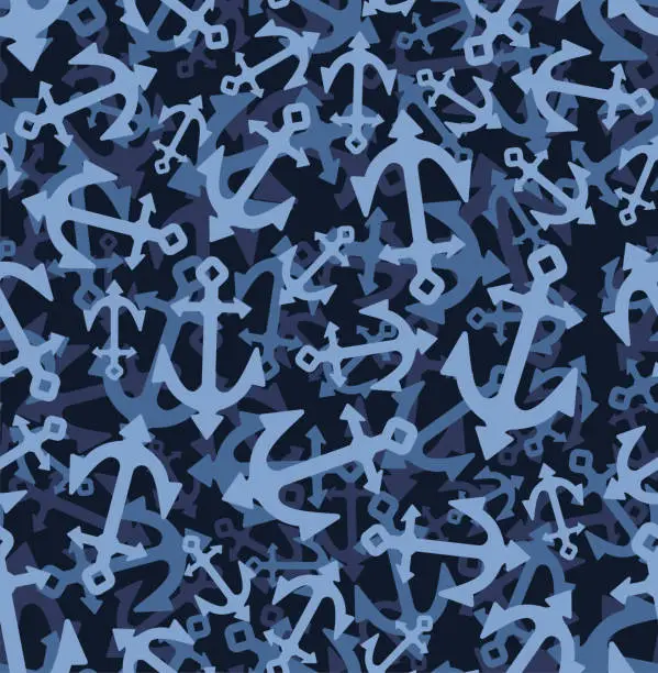 Vector illustration of Anchor ship blue camouflage Winter pattern seamless. Army blue background. Protective soldier and hunting winter-time texture