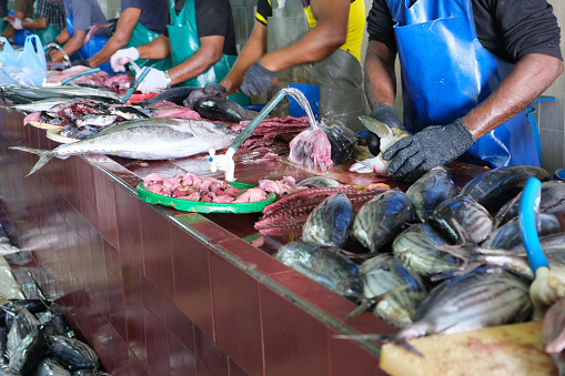 Chow Kit market, Kuala Lumpur, Malaysia - January 10th 2024: Rear view to a fishmongers stall in the famous food market in the center of the capital