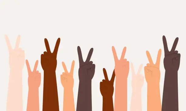 Vector illustration of Group Of Diverse Hands With Peace Sign.