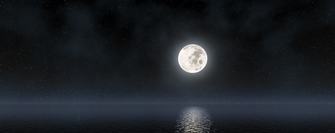 Full moon rising over empty ocean at night. romantic and scenic panorama with full moon on sea to night. Full moon over seascape and horizon. copy space