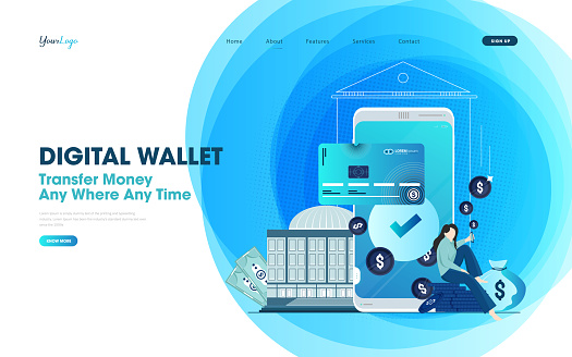 Sending and receiving payment with a smartphone. Capital flow, earning, and spending money. Digital bank or electronic wallet phone app, mobile money transactions concept.