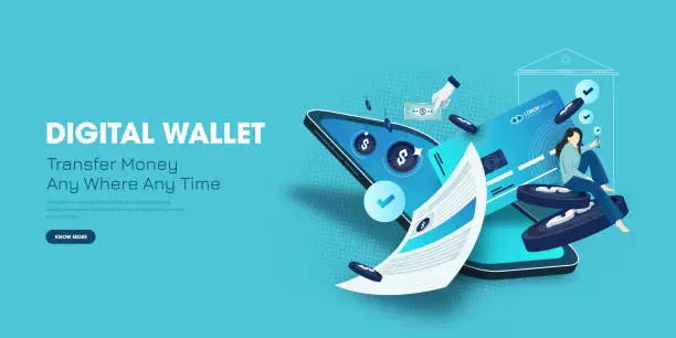 Vector illustration of Mobile wallet concept on smart phone screen, e-commerce payment, smart pay, business and technology concept