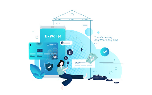 Smart wallet, money transfer to e-wallet, bank transaction service concept with tiny character. People pay with credit card flat vector illustration.