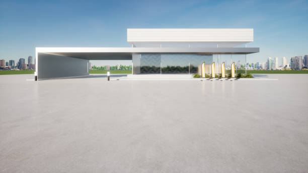 istock 3d rendering of concrete floor and auto showroom for background. 1439664901