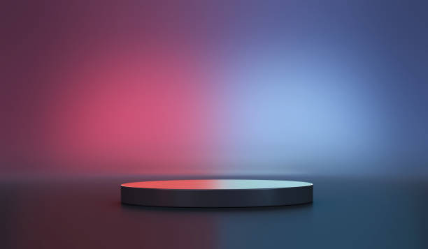 istock Colorful technology stage stand on modern 3d podium light product pedestal display background of futuristic show platform neon scene space studio room or empty presentation tech led concept backdrop. 1439665088