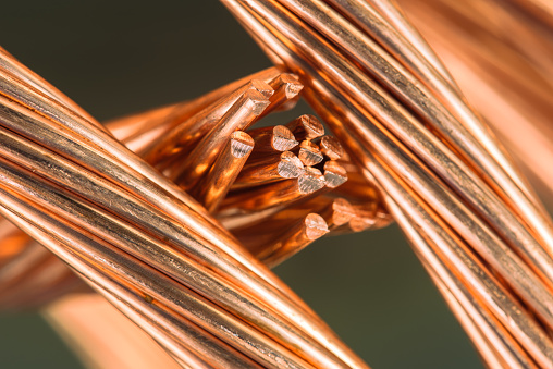 Copper wire cable close-up, raw material energy industry close-up