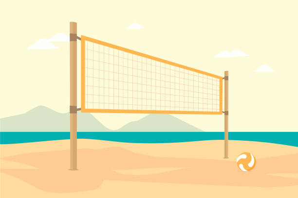 illustrazioni stock, clip art, cartoni animati e icone di tendenza di campo da beach volley con un vettore di sfondo dell'oceano illustrazione isolata del vettore - volleyball net leisure activity beach