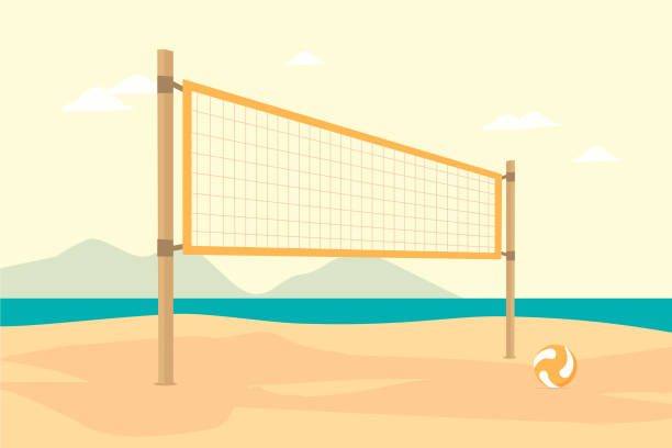 바다 배경 디자인 벡터 평면 고립 된 그림이 있는 비치 발리볼 코트 - volleyball net volleying sport stock illustrations