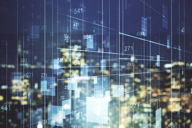 istock Multi exposure of abstract virtual graphic data spreadsheet sketch on blurry skyscrapers background, analytics and analysis concept 1439667168