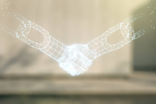 istock Double exposure of abstract virtual blockchain technology hologram with handshake on modern business center exterior background. Research and development decentralization software concept 1439667307