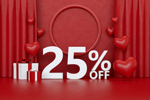 Valentine's Day sale 25 percent off on red background. Gift boxes and hearts. Empty frame.