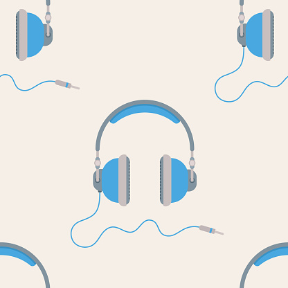 Blue headphones seamless vector pattern. Flat design style. Color vector background.