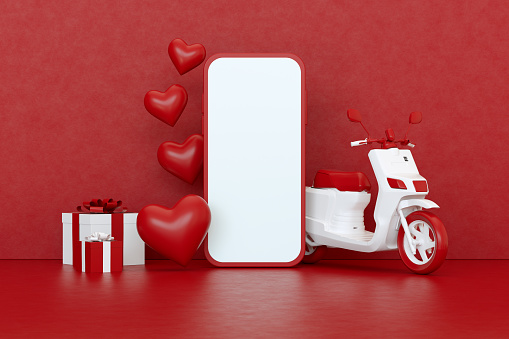Valentine's Day Concept Online Shopping Blank Screen Smart Phone with Hearts. Red Background.