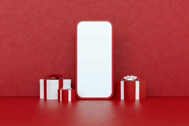 istock Valentine's Day Concept Online Shopping Blank Screen Smart Phone with Gift Boxes 1439668423