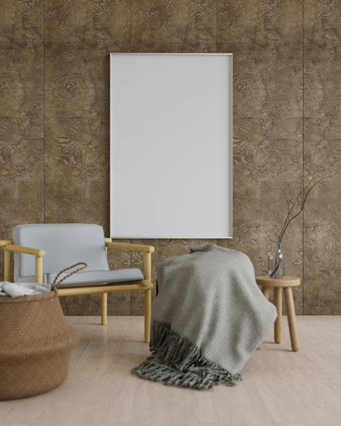 istock Picture frame attached to the wall, with chairs and vases placed on the table. 1439668502