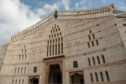 Main entrance of the Basilica of the Annunciation in Nazareth, Israel in January 2019.