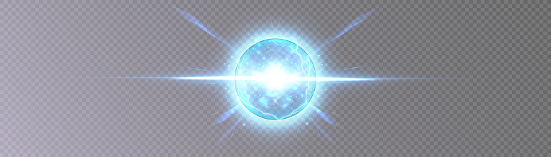 Light ball in plasma energy flow, vector electric lightning and light flashes. Magic bolt of lightning.