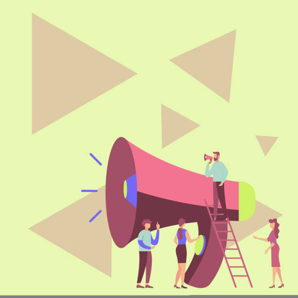 istock Group Of People Drawing Holding Their Megaphones Talking And Sharing Idea With Each Other To Chat Cloud. Mob Line Drawing Making New Announcement At One Another. 1439675536